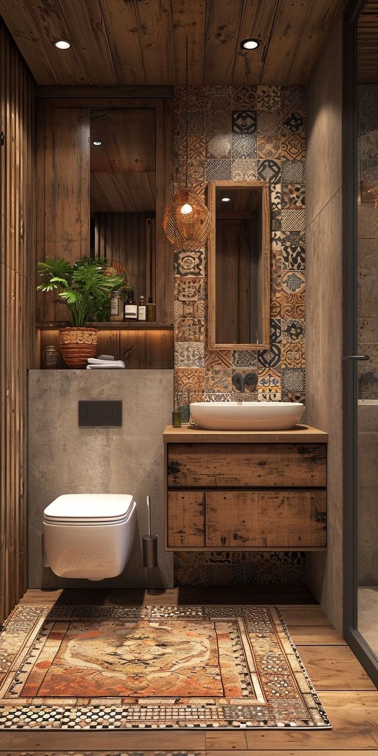 a bathroom with a toilet, sink, and mirror in it's wood paneled walls