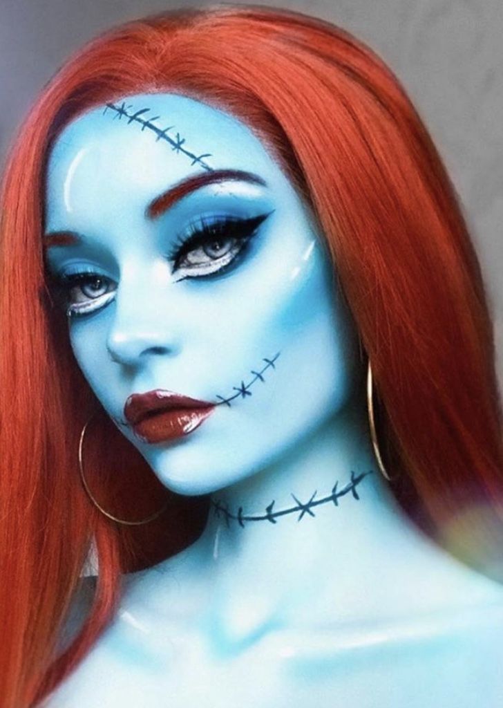 Halloween Makeup Red Hair, Sally Makeup Looks, Scary Disney Costumes, Halloween Costume With Red Hair, Red Hair Halloween Makeup, Jack And Sally Makeup, Sally Inspired Makeup, Scary Female Halloween Costumes, Sally Makeup Halloween