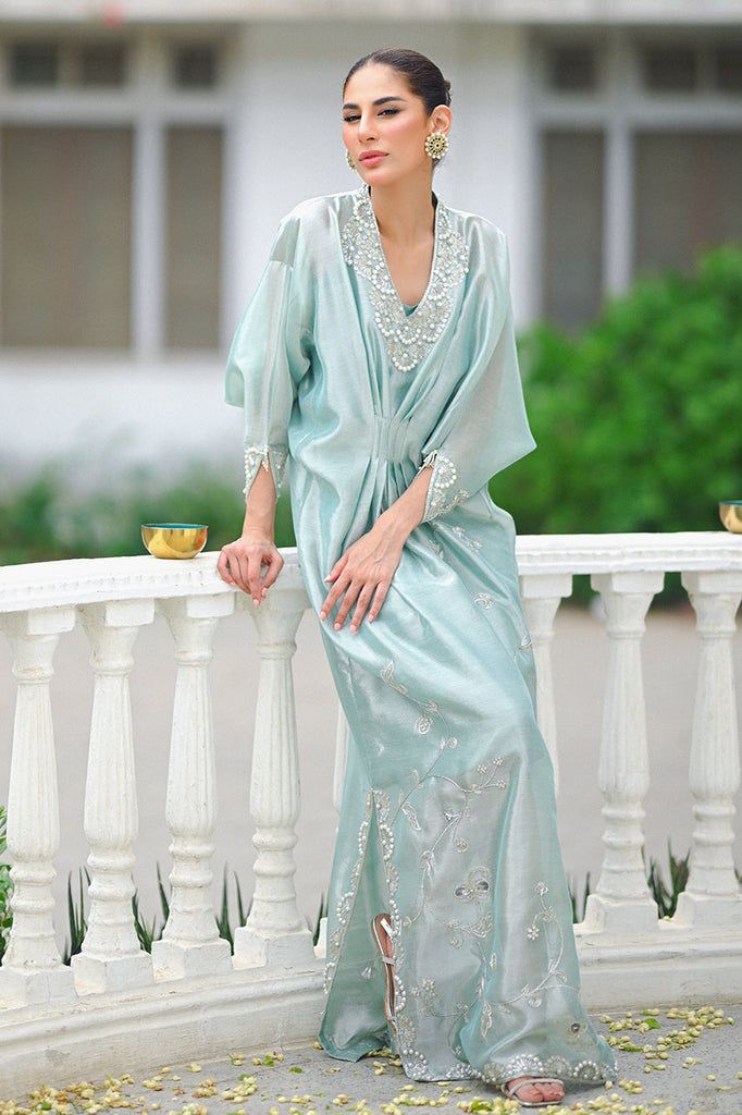 Hyra – Sania Maskatiya International Green Embellished Silk Kaftan, Summer Festive Hand Embellished Kaftan, Elegant Designer V-neck Kurta, Elegant V-neck Party Kurta, Elegant V-neck Wedding Kurta, Traditional Evening Kaftan For Summer, Traditional Summer Evening Kaftan, Traditional Evening Summer Kaftan, Silk Tunic Kaftan For Wedding