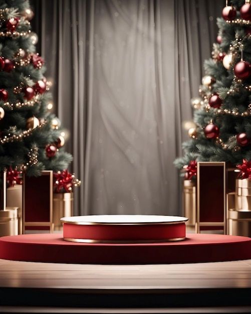 an empty stage with christmas trees and presents on the floor, surrounded by red carpet