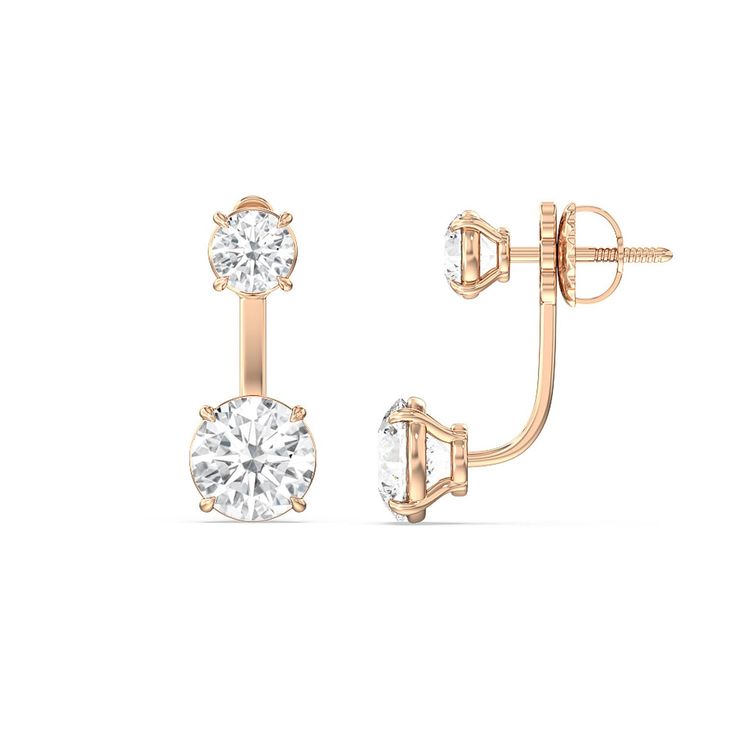 Sparklier than your standard diamond studs, these trendy front-and-back earrings dazzle with twice the amount of glitter. The earrings come with a round diamond stud post fastened by a curving "jacket" clasp that holds a larger round diamond on its tip. These earrings make a subtle statement with their sassy yet smart and sharp style. Earrings Front And Back, Front Back Earrings Diamond, Diamond Earrings Studs Classy, Front And Back Earrings, Unique Diamond Earrings, Diamond Earring Jackets, Jewelry Sketch, Diamond Earrings Design, Jewellery Design Sketches