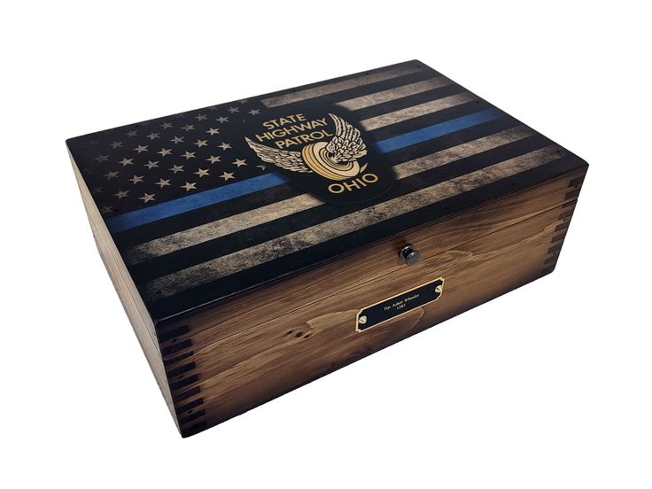 a wooden box with an american flag and the words, i have fallen for my hero on it