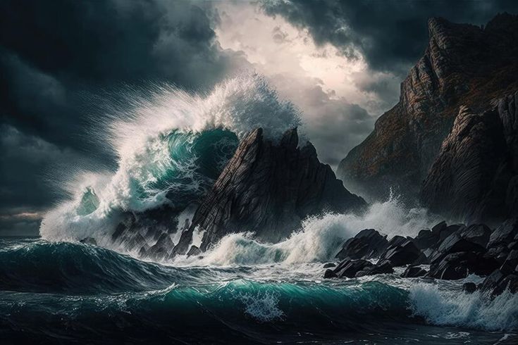 an ocean scene with large waves crashing against the rocks and dark cloudy skies above it