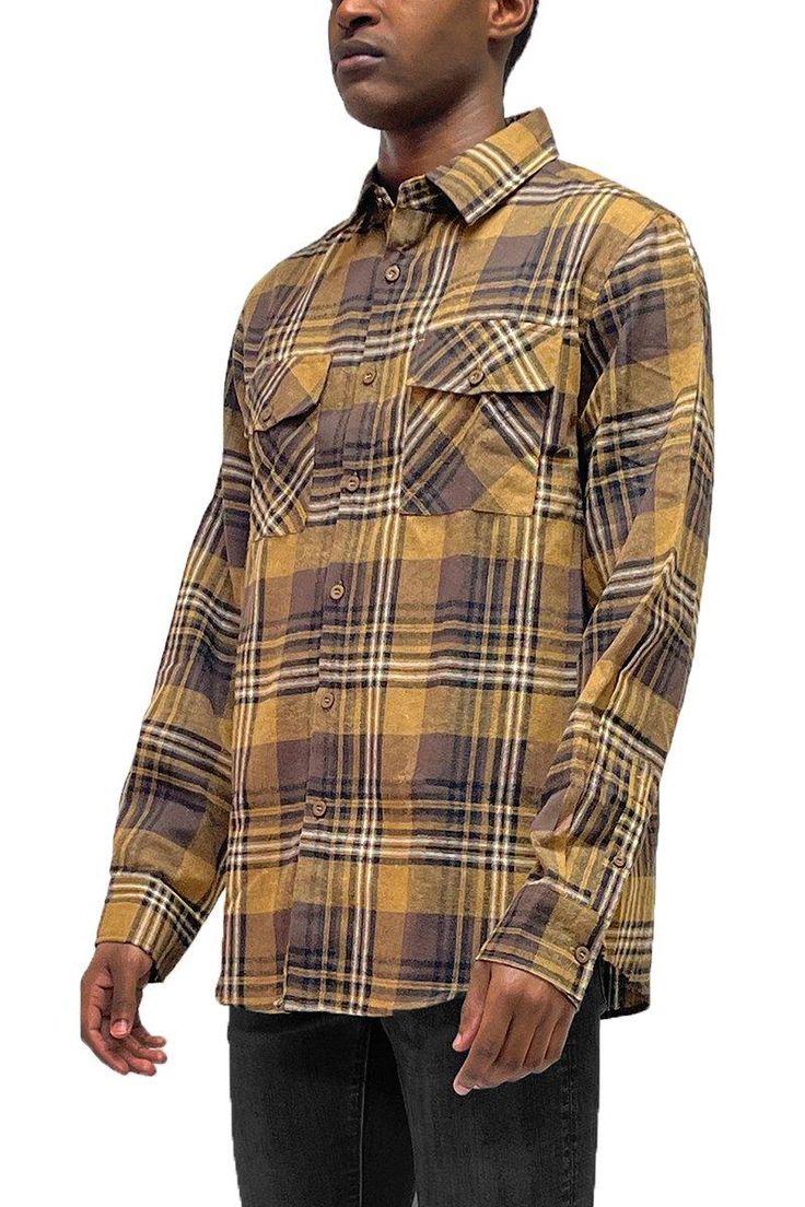 Flannel checkered print long sleeve brushed on both sides so it feels fluffy, soft, and warm. A length that looks nice styled as an outer layer as well.  The sleeves are slightly thickened with threads from under the arms to the sides. By applying double stitching, the stitches were sewn with puckering to create a casual look. This flannel was designed with a universal size spec so it is a Unisex flannel.  Model is 5'11 wearing size Large.  60% Cotton, 40% Polyester  Order one size up. Sky Brown, Checker Print, Mens Flannel, Plaid Flannel, Ties Mens, Casual Wardrobe, Flannel Shirt, Wardrobe Essentials, Casual Looks