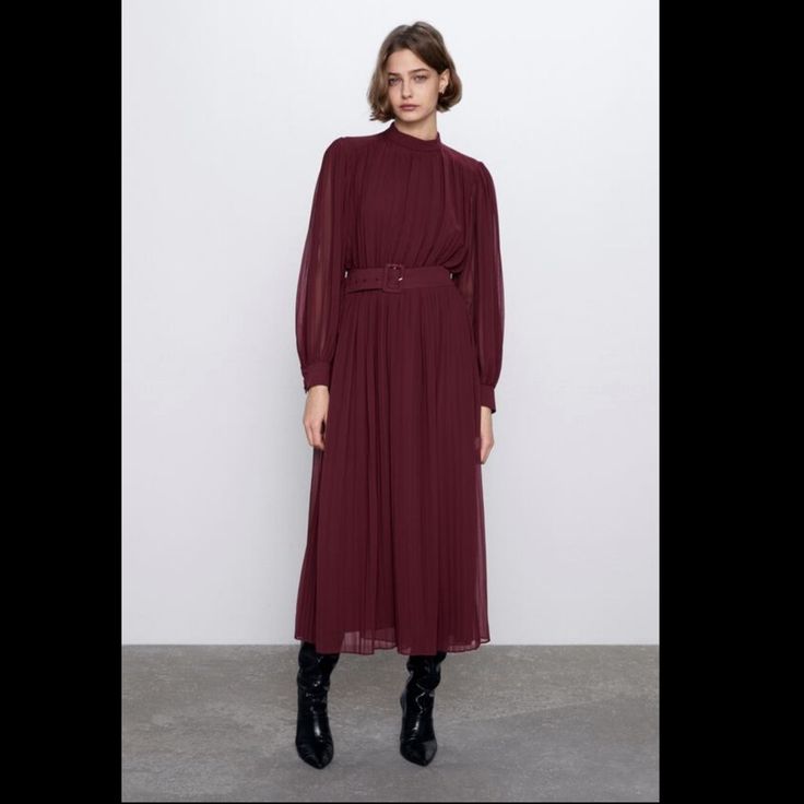 Midi Length Burgundy Midi Dress With Elastic Waist And Self Belt Zara Pleated Dress For Workwear, Zara Pleated Dress For Work, Zara Formal Fall Midi Dress, Zara Midi Dress For Fall, Zara Pleated Midi Dress For Fall, Zara Belted Long Sleeve Midi Dress, Zara Long Sleeve Belted Midi Dress, Zara Belted Midi Dress For Fall, Zara Formal Maxi Dress For Fall