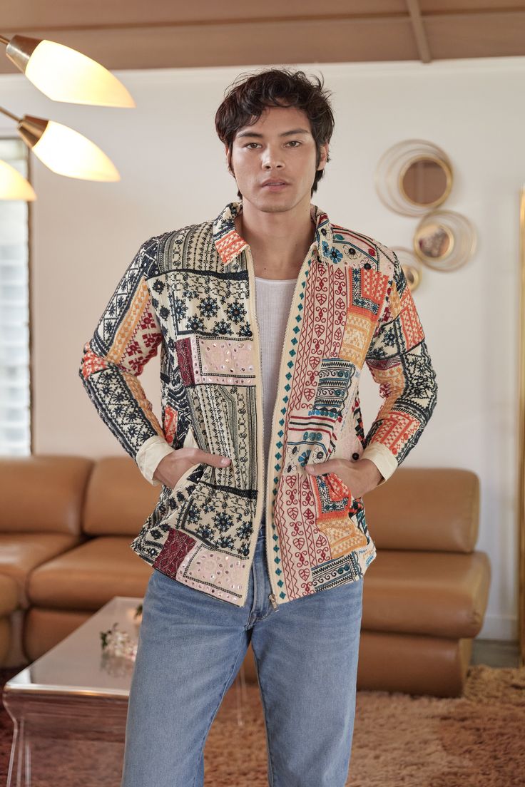 Be bold in our Anaya Embellished Zip Up Jacket - unisex patchwork with mirror embellishments. Stand out and shine! Conquer your day with effortless style. MR178-74GC-112 Indian Jacket For Men, Tapestry Jacket Outfit, Stylish Boy Clothes, Indian Jackets, Bohemian Clothes Women, Stylish Boy, Boho Jacket, Bohemian Clothing, Brand Concept