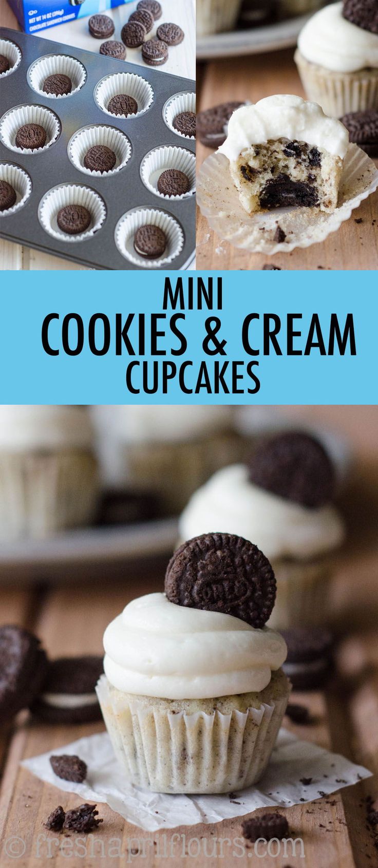 mini cookies and cream cupcakes with oreo cookies in the middle on top