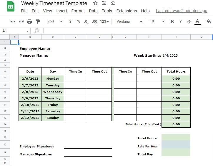 an employee time sheet is shown in microsoft office