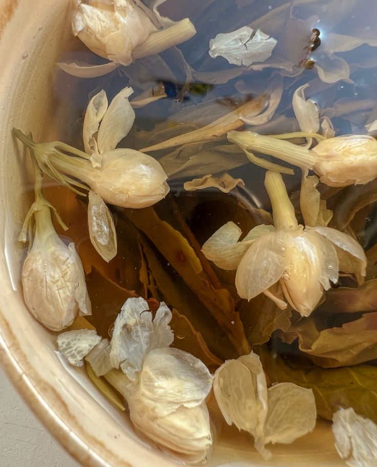 flowers floating in water with leaves on the bottom and other things around them that are brown