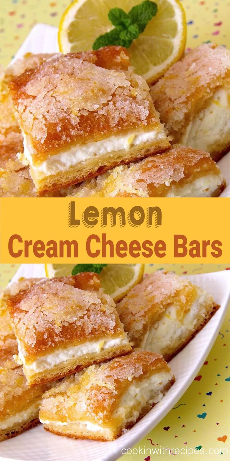 lemon cream cheese bars are stacked on a white plate with the words, lemon cream cheese bars