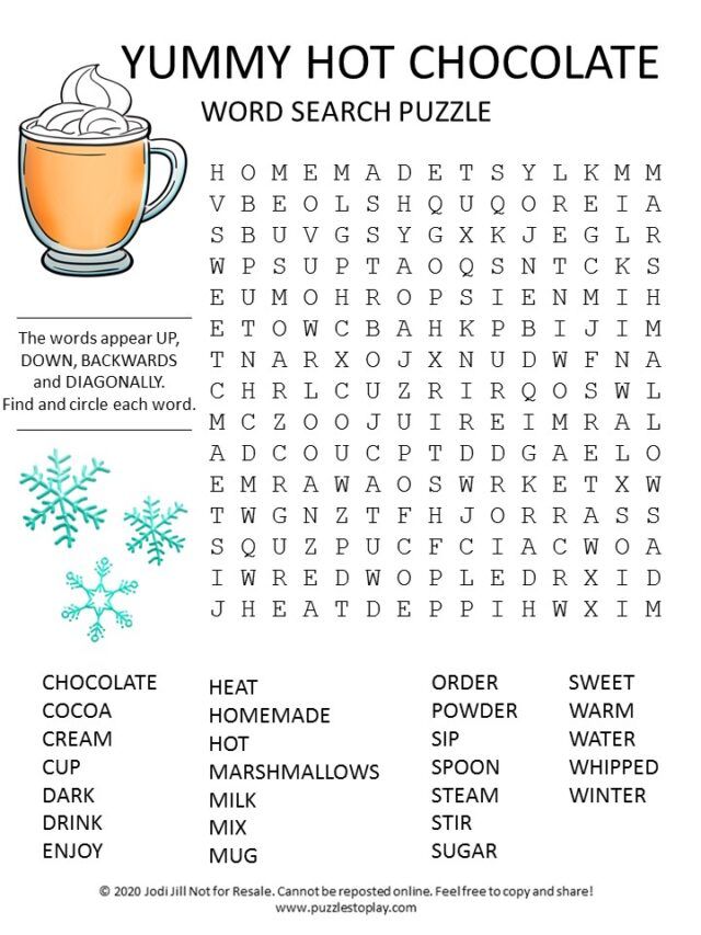 the yummy hot chocolate word search puzzle is filled with words to help you find what's in the cup