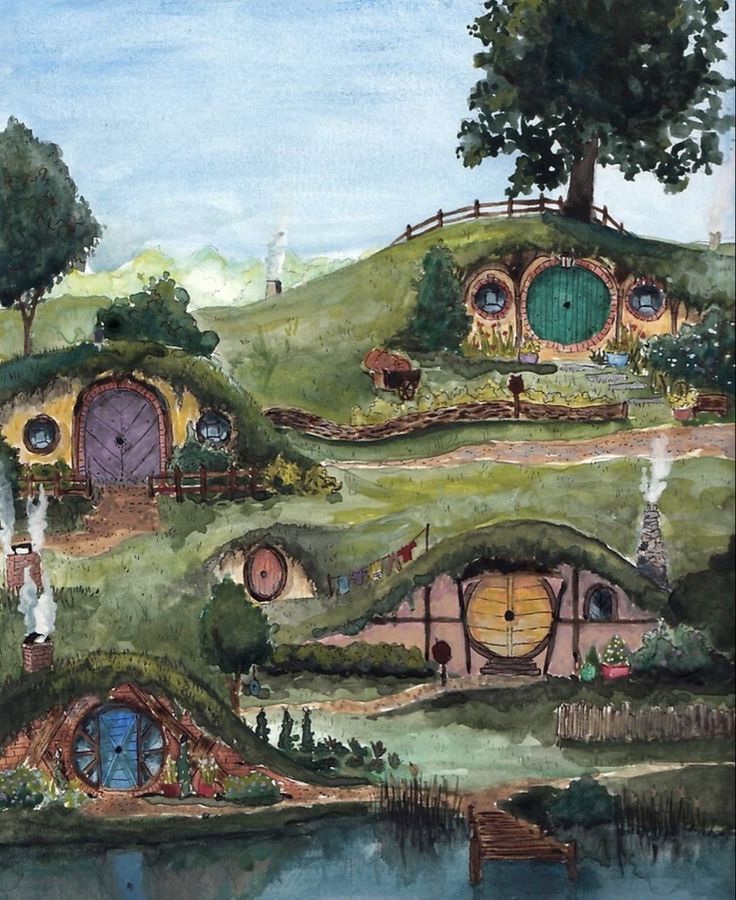 the hobbot house is painted in watercolor