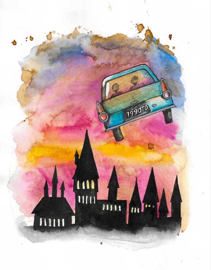 an illustration of a car flying through the air over a city with buildings and spires