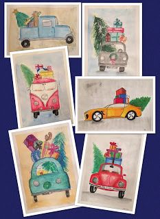 four pictures of cars with christmas trees and gifts on them, all in different colors