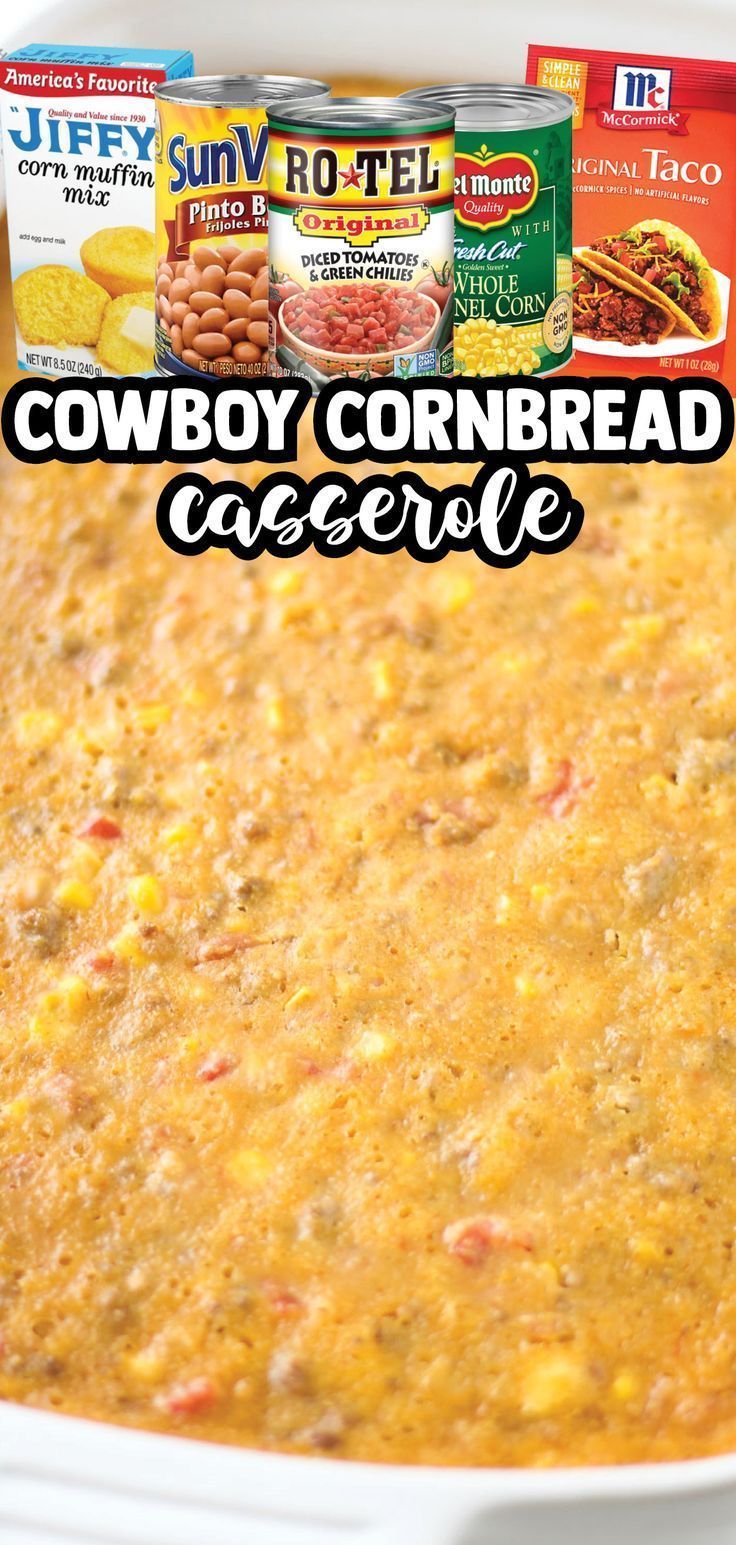 cowboy cornbread casserole in a white baking dish with cans of hot sauce on the side