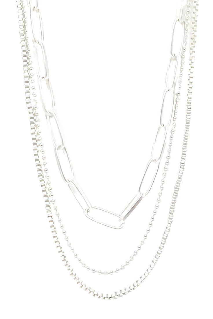 Experience the luxurious matte silver finish. Feel confident and comfortable with the hypoallergenic design of this layered necklace, adding the perfect touch to any look. Approx. 15-17" in length. Silver Chunky Multi-strand Necklace, Silver Double Strand Chain Necklace For Everyday, Silver Multi-strand Chunky Chain Necklace, Everyday Silver Double Strand Chain Necklace, Minimalist Multi-strand Metal Layered Necklace, Silver Minimalist Layered Necklace With Double Chain, Silver Chunky Chain Multi-strand Layered Necklace, Silver Multi-strand Chunky Chain Layered Necklace, Silver Multi-strand Layered Necklace With Chunky Chain