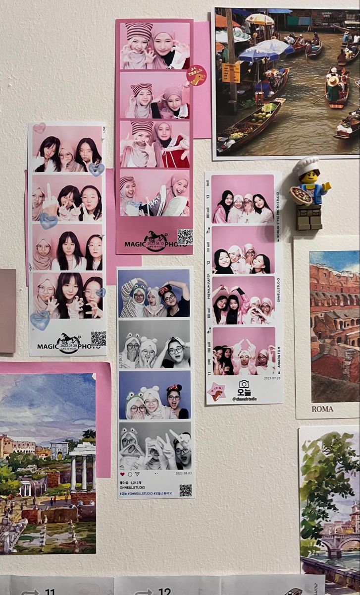 a refrigerator covered in pictures and magnets next to a wall with photos on it