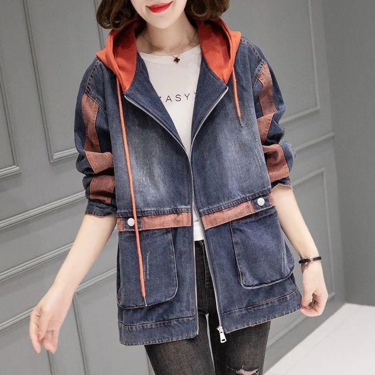 2024 New Autumn Denim Jacket Women Hooded Long Sleeved Jeans Coat Warm Tops Loose Female Bomber Trendy Fall Denim Jacket For Outdoor, Trendy Fall Outdoor Denim Jacket, Casual Hooded Denim Jacket With Pockets, Trendy Denim Outerwear For Outdoor, Long-sleeved Denim Hooded Jacket With Pockets, Casual Denim Blue Patchwork Outerwear, Denim Long Sleeve Hooded Jacket For Spring, Trendy Patchwork Dark Wash Outerwear, Trendy Dark Wash Patchwork Outerwear