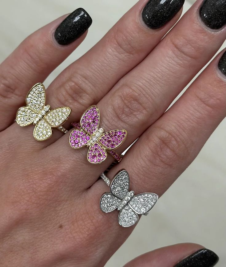 Candice Butterfly Diamond Ring – JBJ by Jill Butterfly Ring Aesthetic, Butterfly Diamond Ring, Jewelry Aesthetic, Jewelry Accessories Ideas, Butterfly Ring, Pink Jewelry, Fine Rings, Diamond Sizes, Ring Collections