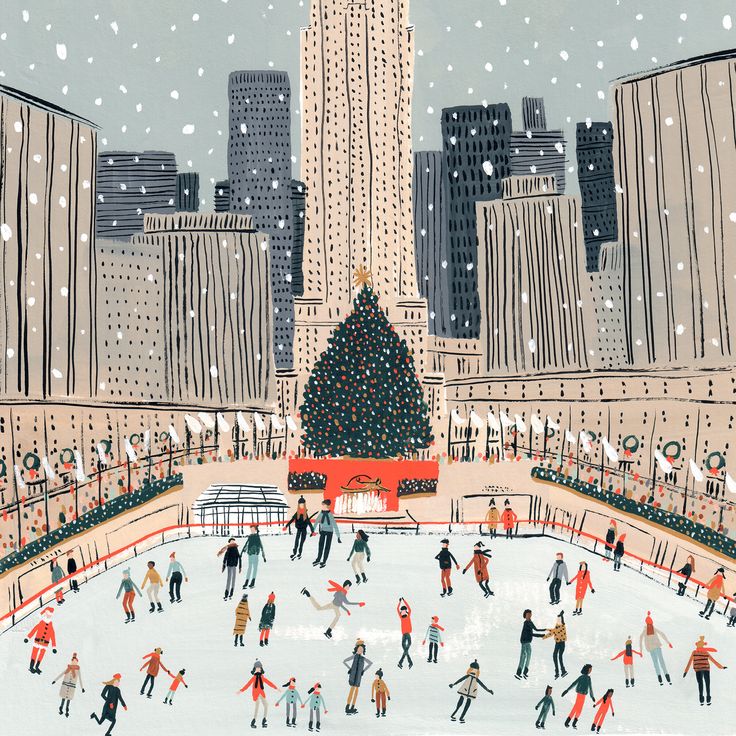 people skating on an ice rink in front of a large christmas tree and tall buildings