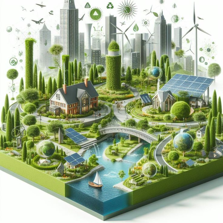 an image of a green city with solar panels on the roof and trees around it