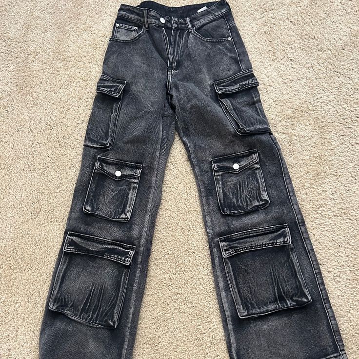 Brand New Cargo Pants. Size 2 Black Wide Leg Y2k Jeans, Black Y2k Wide Leg Jeans, Black High Waist Y2k Jeans, Black Y2k Style Bottoms With Five Pockets, Washed Black Straight Leg Jeans With Multiple Pockets, Black Wide Leg Y2k Cargo Jeans, Black Wide Leg Cargo Jeans Y2k Style, Black Y2k Wide Leg Cargo Jeans, Black Wide-leg Y2k Cargo Jeans