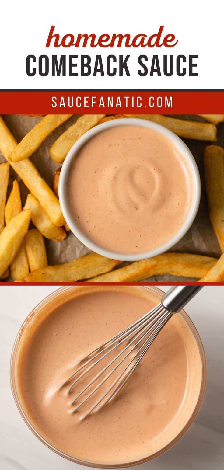 a bowl filled with sauce next to french fries and the words homemade come back sauce