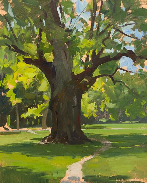 an oil painting of a tree in a park