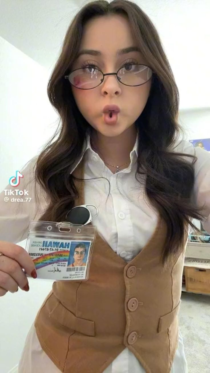 a woman wearing glasses and a brown vest is holding a card in her hand while making a funny face