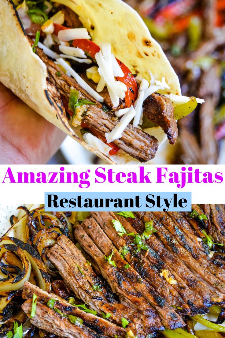 steak fajitas with peppers, onions and cheese on them are shown in this collage