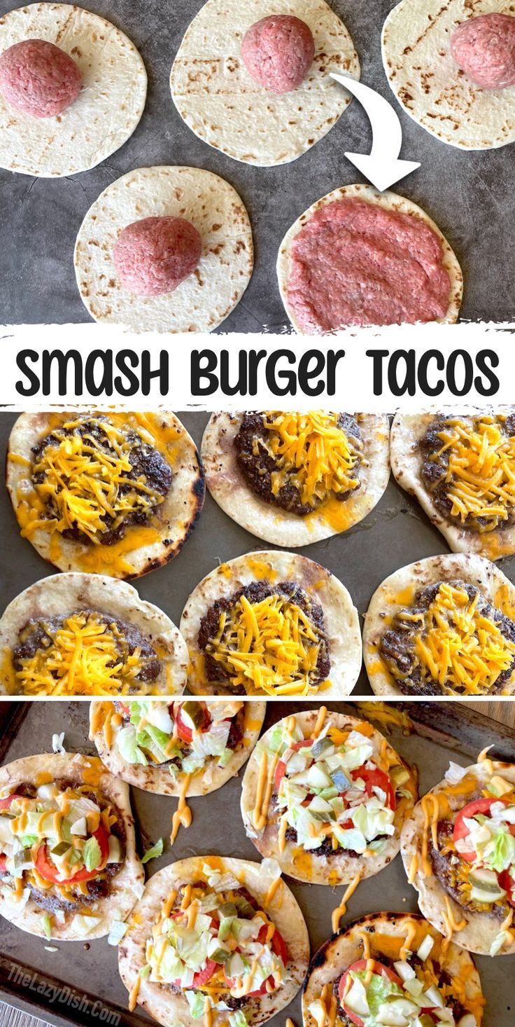 the steps to make smash burger tacos with cheese and other toppings on them