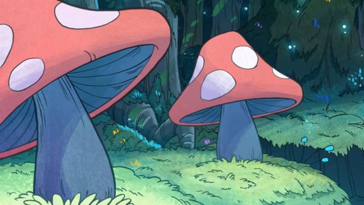 two mushrooms are in the grass near some trees and bushes, one is pink with white dots