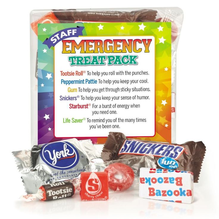 the emergency treat pack contains candy, candies and chocolates for children to enjoy