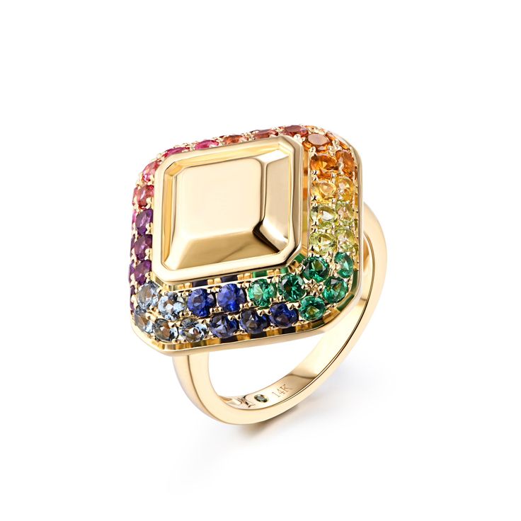 14K Gold -Available in 18k Gold upon request. Emerald Cut Goldstone™ Multicolor Stones Pave 2.40 Cts (Emerald, Ruby, Sapphire, Peridot, Garnet, Citrine, Amethyst and Blue Topaz) Please allow 6-8 weeks for delivery. All prices are in US Dollars. Rainbow Cocktail, Ombre Jewelry, Fancy Watches, Multicolor Jewelry, Cocktail Jewelry, Bold Rings, Pearl And Diamond Ring, Conceptual Photography, Ruby Sapphire