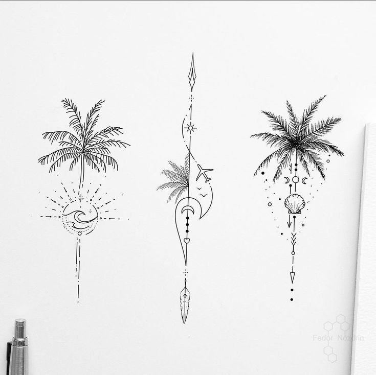 three palm trees are drawn in black ink on a white paper next to a pen