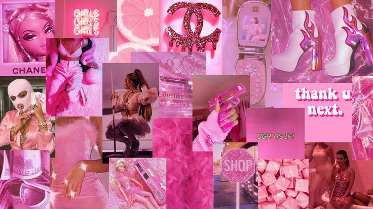 a collage of pink and white images with the words thank next