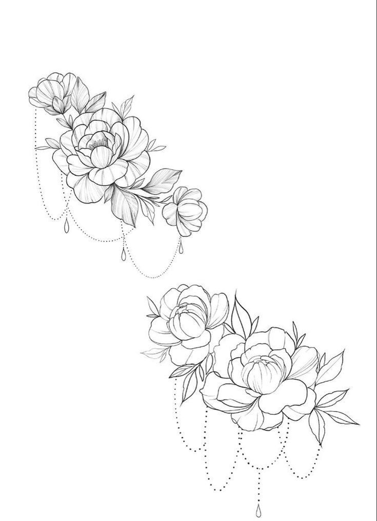 two flowers are shown in black and white, one is drawn with pencil on paper