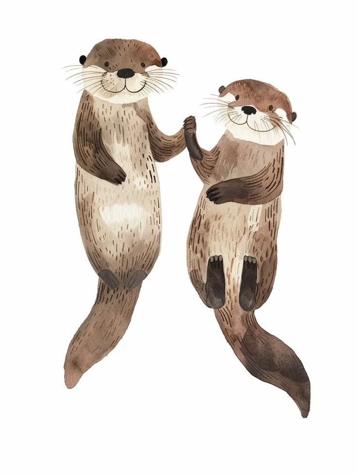 two otters are standing on their hind legs, one holding the other's hand