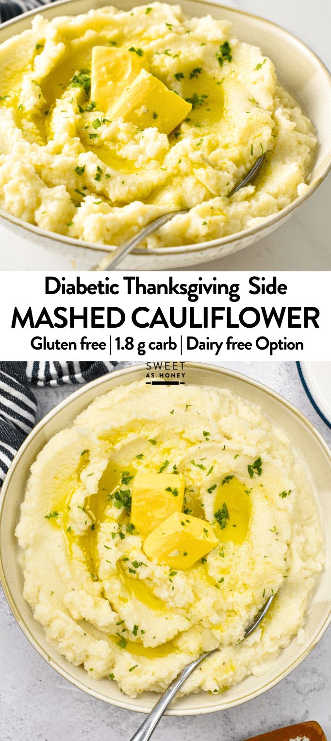 mashed cauliflower in a white bowl with a serving spoon on the side