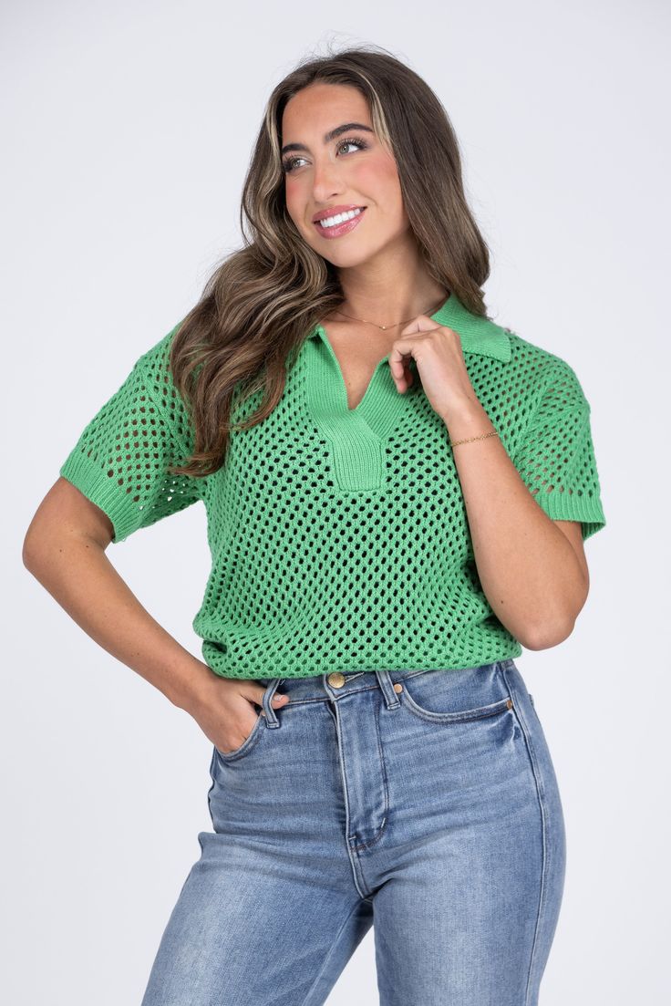 Feel like you got a hole-in-one, in the Got An Ace Top from Heyson. This top features an open knit design, collared neckline with a V-neck split, and a ribbed knit design along the hemline, cuffs and neckline. Pair with denim and flats for a day out. Fabric: 100% Acrylic Measurements: Bust (Size M): 22"Length (Size M): 22" True To Size S 0-6 M 6-10 L 10-14 Casual Spring Knit Top With Collared Neckline, Casual Collared Knit Top For Spring, Casual Collared Neckline Knit Top For Spring, Casual Pointelle Knit Polo Sweater, Spring Polo Sweater In Pointelle Knit, Spring Textured Knit Top With Collared Neckline, Spring Collared Textured Knit Top, Green Tops With Ribbed Collar, Summer Ribbed Tops With Collared Neckline