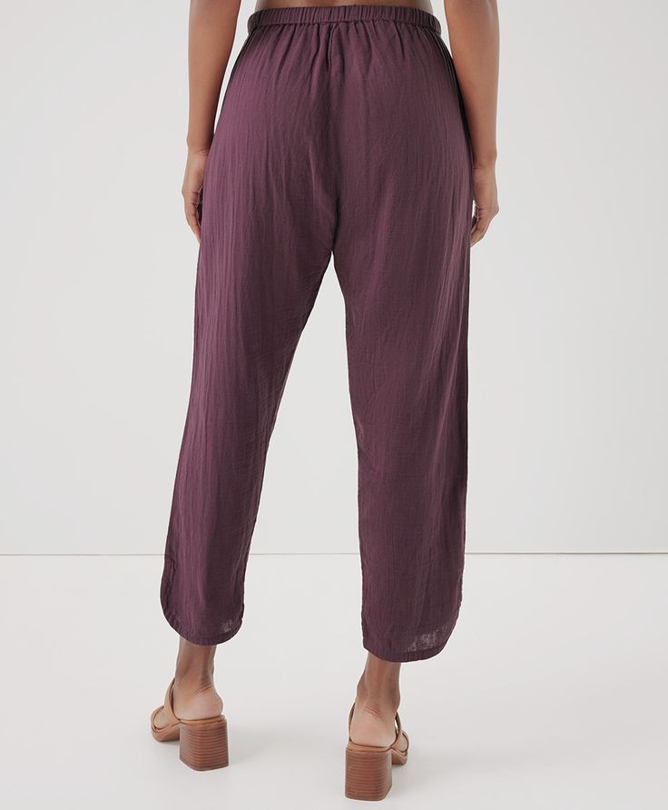 Women's Maroon Coastal Double Gauze Tapered Pull-On Pant L. Super soft organic women's Coastal Double Gauze Tapered Pull-On Pant from Wear PACT. Fair Trade Factory. GOTS Certified Organic Cotton Pull-on Trousers For Loungewear, Relaxed Fit Bottoms With Elastic Waistband And Tapered Leg, Straight Leg Bottoms With Elastic Waistband For Daywear, Comfortable Straight Leg Bottoms With Elastic Waistband, Non-stretch Tapered Leg Bottoms With Elastic Waistband, Relaxed Fit Tapered Pants With Elastic Waistband, Elastic Waistband Bottoms For Daywear, Non-stretch Tapered Leg Pants With Elastic Waistband, Relaxed Fit Ankle-length Pull-on Pants