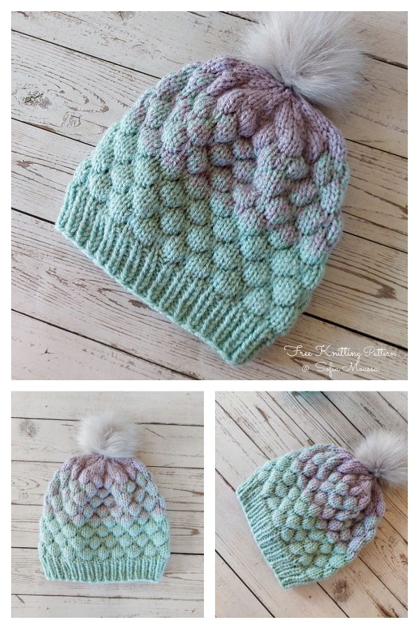 three pictures of the same knitted hat with different colors and designs on it, one is