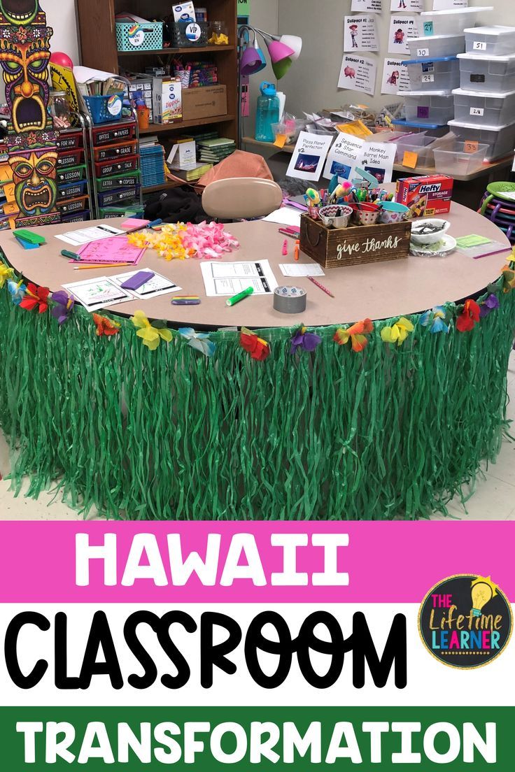 a classroom table with grass on it and the words hawaii classroom transformed into a centerpiece