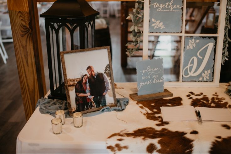 a table topped with pictures and candles