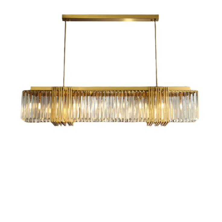 a chandelier hanging from the ceiling with glass rods and gold trimmings