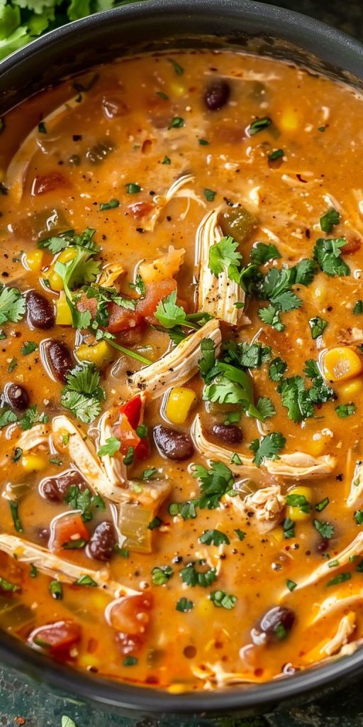 a black bowl filled with chicken tortilla soup and garnished with cilantro