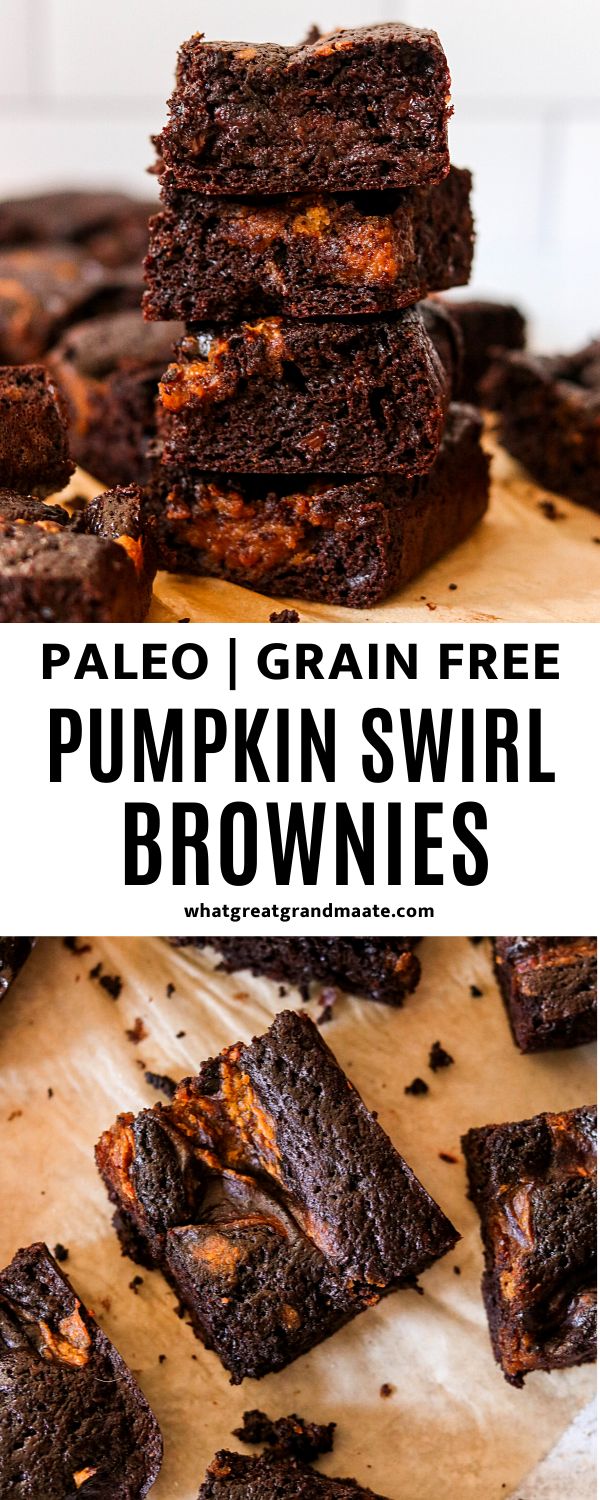 palen brownies stacked on top of each other with text overlay that reads palen grain free pumpkin swirl brownies