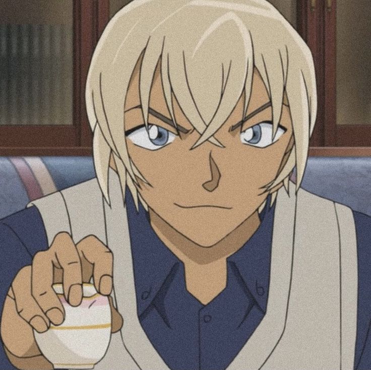 an anime character with blonde hair and blue eyes is holding a cup in his hand