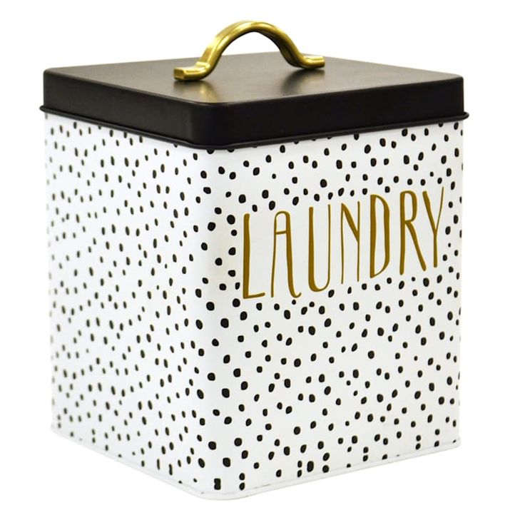 a black and white polka dot box with the word laundry on it's lid