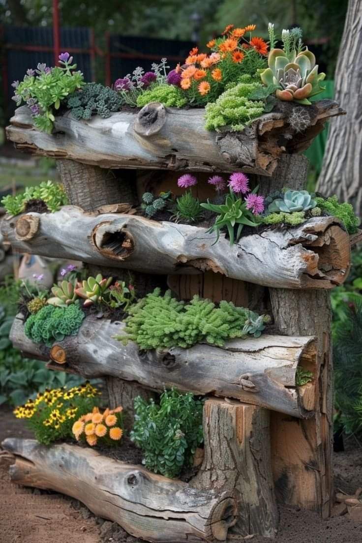 a tree stump with plants growing out of it and some logs stacked on top of each other